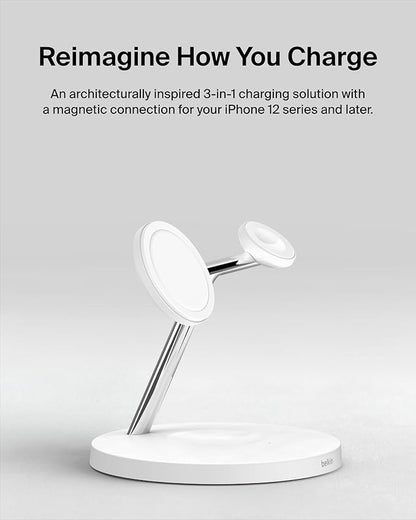 Belkin MagSafe Charger, 3-in-1 Wireless Charging Stand, 2ND GEN, 33% Faster for Apple Watch, iPhone 16, iPhone 15, iPhone 14 Series, AirPods - MagSafe Charging Station for Multiple Devices - White