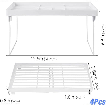 NiHome 4-Pack Stackable Plastic Kitchen Storage Shelf Foldable Rack - White Kitchen Cabinet Organizer and Storage Shelves Stackable Expandable Storage Racks for Counter Cabinet Pantry
