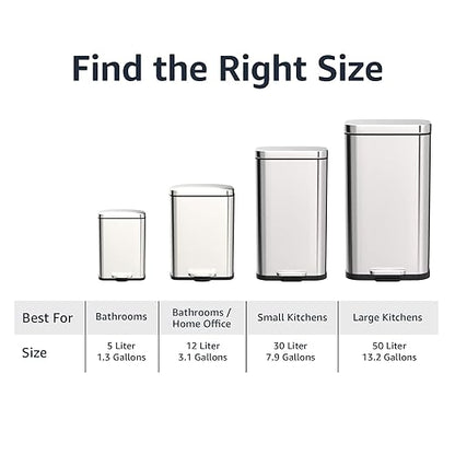 Amazon Basics Smudge Resistant Rectangular Trash Can With Soft-Close Foot Pedal, Brushed Stainless Steel, 50 Liter/13.2 Gallon, Satin Nickel Finish, 16.7"L x 14.7"W x 25.9"H