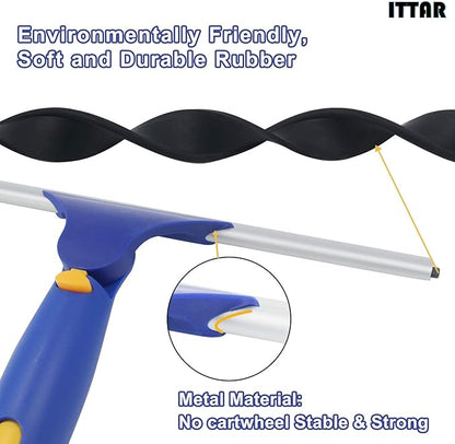 ITTAR Window Squeegee with 2 Sets Stainless Steel Pole, Squeegee Cleaning Tools with Microfiber Pads, 60"-72" Telescopic Window Washing Kit, Professional Squeegee Cleaner for Home Car Outside Glass