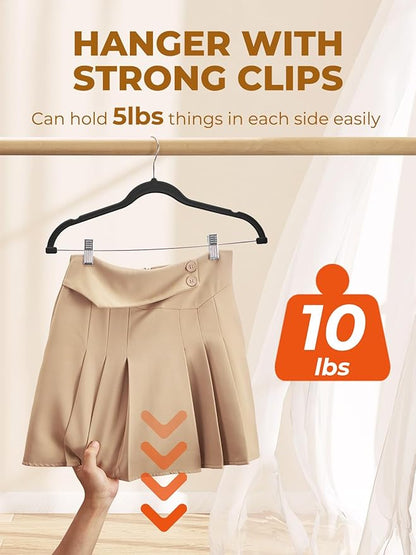 HOUSE DAY Velvet Skirt Hangers 24 Pack, Black Velvet Pant Hangers with Adjustable Clips, Space Saving Slim Shorts Hanger, Heavy Duty Non Slip Clip Hanger for Pants, Skirts, Shorts