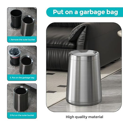 2.1 Gallon Bathroom Trash can with Lid, Small Brushed Silver Garbage Can, Stainless Steel Waste Basket for Bedroom Kitchen Office Hotel Powder Room Toilet (32A silver-8L)