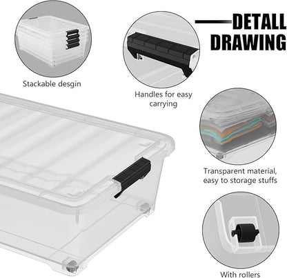 4 Pack Multipurpose 25 Qt Underbed Secure Latching Bin, Plastic Storage Container with Snap-On Lid and Wheels, Clear