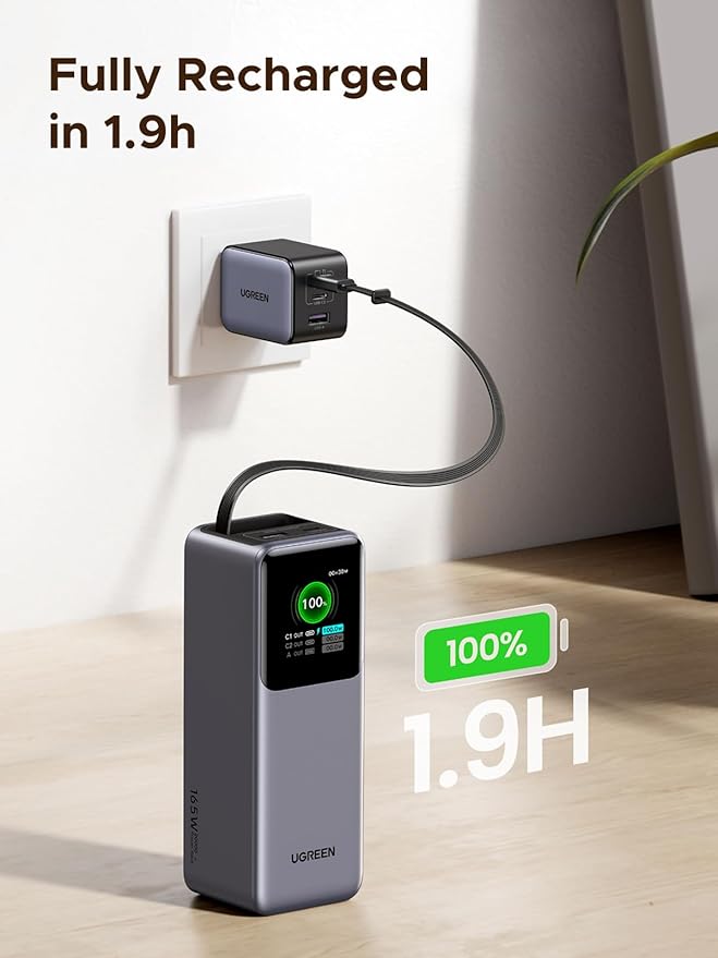 UGREEN Nexode Power Bank 20000mAh 165W with Built-in USB C Cable Laptop Travel Portable Charger, 100W Input, Fast Charging for MacBook Pro/Air/iPhone 17/16/iPad Pro/Galaxy S25 Ultra/Dell/HP and More