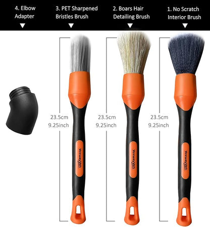 YeewayVeh 3pcs Car Detailing Brush Set, 1pc Boars Hair Detailing Brushes,1pc Ultra Soft Detail Brush for Air Vent Leather Seat, 1pc Scratch Free Car Detailing Brushes for Interior Exterior, Orange