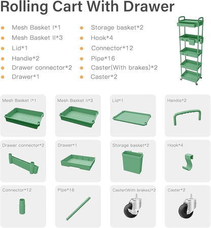 5 Tier Rolling Cart Organizer,Bathroom Cart Organizers with Wheels Laundry Room Organization Mobile Shelving Unit Utility Cart Storage Shelves Multi-Functional for Office, Home(Green)