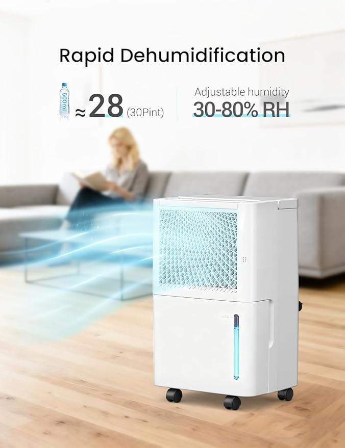 HUMSURE 1500 Sq. Ft 30 Pints Dehumidifier Equipped With Drainage Hose, Automatic Defrosting, for Basement, Home, Bathroom, Bedroom,24-Hour Timer Function