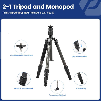 Fotopro 59” Carbon Fiber Travel Tripod, 2 in 1 Lightweight Monopod Tripods, Professional Compact Tripod for DSLR Camera, Load up to 17.6lbs(8kg)