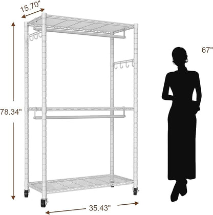 Clothes Rack, Clothing Rack for Hanging Clothes, 3 Tiers Adjustable Heavy Duty Closet Organizer with Wheels | Double Rods | Side Hooks | Load 445lbs | 35.43" L x 15.7" W x 78.34" H | White