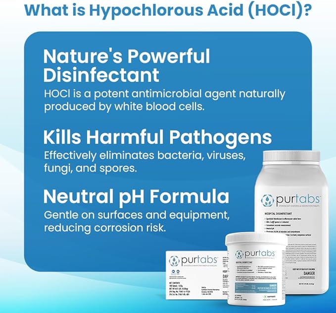 334mg Sanitizer Tablets, NSF D2 Certified, Food Safe, 99.9% Virus & Bacteria Kill, Hypochlorous Acid (HOCl), Cleans, Deodorizes & Disinfects