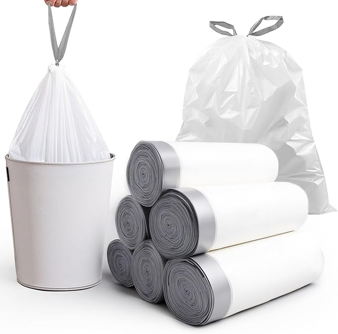 270 Count Heavy-Duty Trash Bags, Compatible with 6-7 Gallon Trash Can, Pre-Separated Drawstring Kitchen Garbage Bags, Ideal for Home & Office, 19.9 x 29.1 Inches, 6 Rolls, White