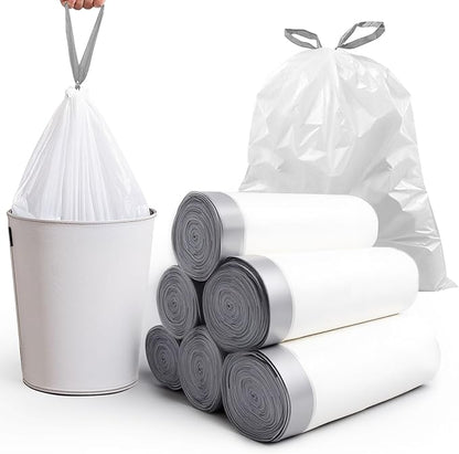 270 Count Heavy-Duty Trash Bags, Compatible with 6-7 Gallon Trash Can, Pre-Separated Drawstring Kitchen Garbage Bags, Ideal for Home & Office, 19.9 x 29.1 Inches, 6 Rolls, White