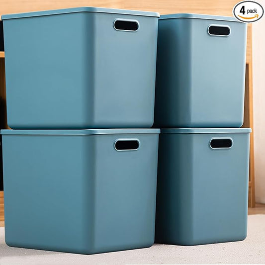 Plastic Storage Bins with lids,Storage Baskets,Container with handle,Storage Organizer Bins for Shelves,Office,Bedrooms,Closets, Cabinets(Blue, 4XL)