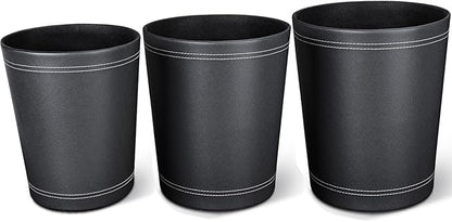 KINGFOM 3 Pack PU Leather Small Office Trash Can Wastebasket, Round Garbage Container Bin for Bathrooms, Powder Rooms, Kitchens, Home, Bedroom, High-Class Hotel, Black