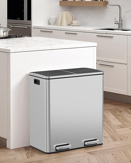 Arlopu 16 GallonStainless Steel Trash Can, 60L Dual Compartment, Metal Kitchen Step Recycle Bin, Metal Double Dustbin, in-Home Garbage Rubbish Can W/Removable Liner Buckets (Silver)