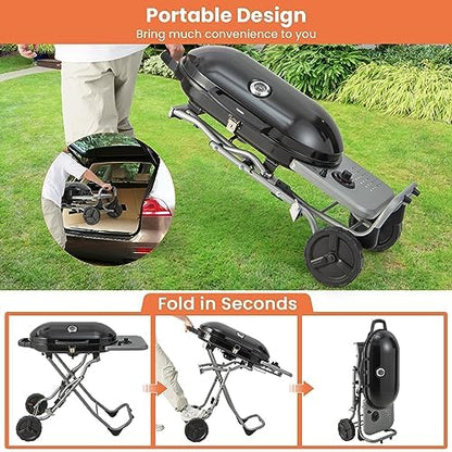 Giantex Portable Propane Gas Grill with 15,000 BTUs Burner, Side Table, 2 Wheels, Grease Tray, Metal Frame, Folding Stand-Up Propane Gas Grill for Outdoor Cooking Camping Barbecue (Black)