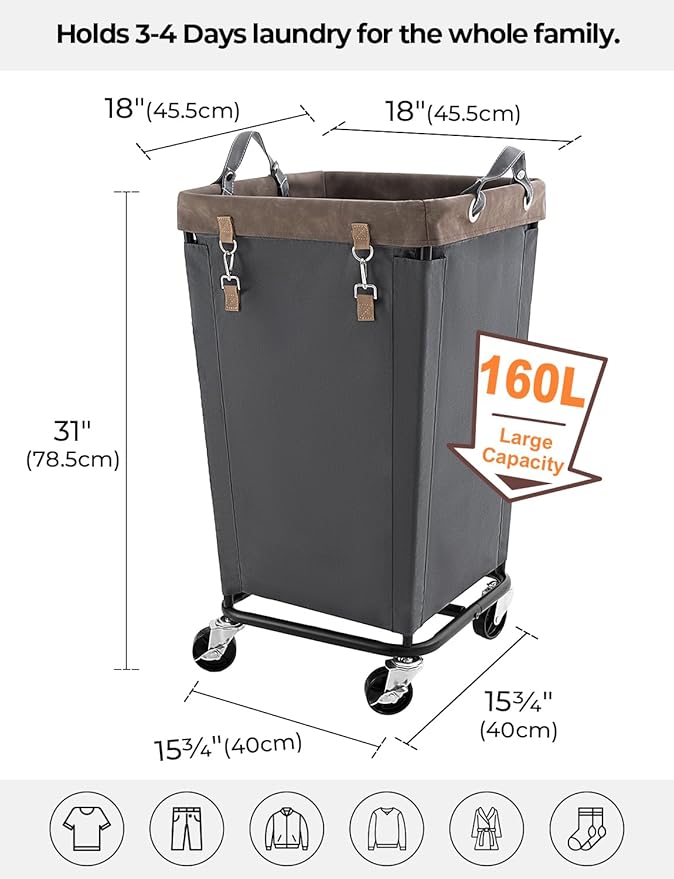 StorageWorks 160L Laundry Basket with Wheels, Large Rolling Hampers for Clothing Organizer, Dirty Clothes Basket for Hotel, Home, Closet, Dorm, Grey