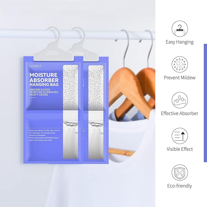CLEVAST Moisture Absorbers Packets 10 Pack, Dehumidifier Bags for Closet, Unscented Hanging Humidity Absorber in Wardrobes, Bedrooms, Bathrooms(Net Wt. 230g/Pack)