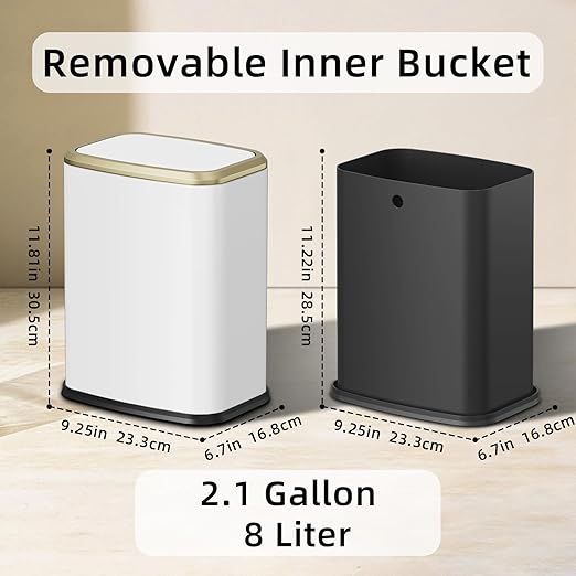 8L/2.1 Gallon Small Bathroom Trash Can with Lid, Swing-Top Rectangular Waste Bin, Stainless Steel Garbage Can for Home, Office, Toilet, Bedroom, Living-Room (White)
