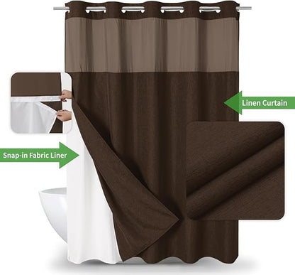 No Hooks Needed Linen Textured Shower Curtain with Snap-in Fabric Liner Set,Hotel Luxury Decor Shower Curtains for Bathroom with Mesh Top Window,Waterproof & Washable,71Wx74H,Brown