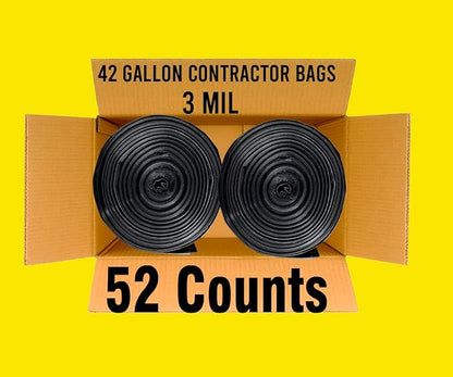 Contractor Heavy Duty Trash Bags 42 Gallon | 52 Count | 3 MIL | 32.8" X 46" | Large Black Flap Tie Construction Garbage Bags for Business Home Commercial, Industrial, Storage, Outdoor