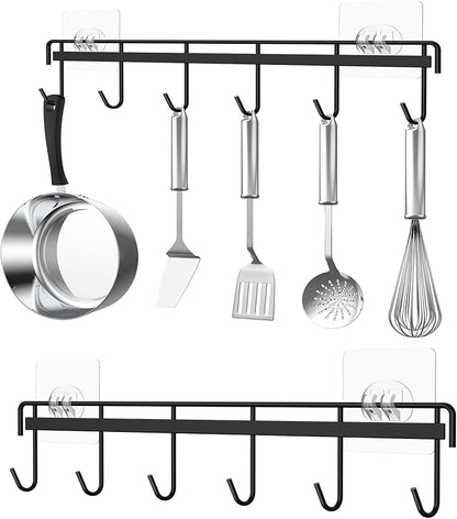 Myfolrena Adhesive Kitchen Hooks Utensil Hanger Holder Hanging Rack 2 Pack, Hanging Rack Wall Mounted Kitchen Rail for Spoons Pot Coffee Mug Cups Tags(Black)