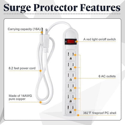 Hoteam 10 Pcs Power Strip Bulk 6 Outlet Surge Protector Power Cord Electrical Extension Cord with Switch Low Profile Plug Flat for Home Office(8.2 ft,White)