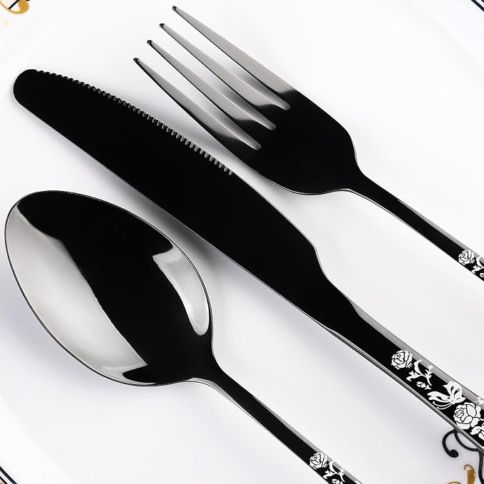 Skull Black Silverware Set for 8, 40-Piece Pirate Rose Flatware Set, Gothic