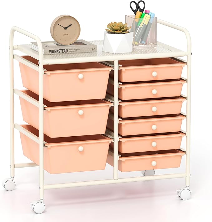 GOFLAME 9-Drawer Rolling Storage Cart, Mobile Utility Cart with Removable Drawers & Metal Frame, Art Craft Organizer Cart with Lockable Wheels, Storage Drawer Cart for Home Office School, Peach Fuzz