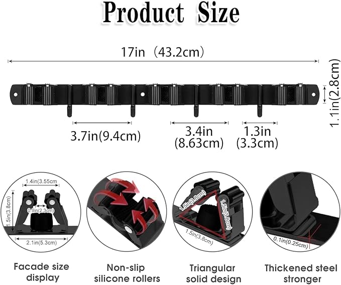 Black 5 Racks and 4 Hooks Mop and Broom Holder Wall Mount, Broom Organizer Storage Tool Racks Stainless Steel Heavy Duty Hooks Self Adhesive Solid Non-slip for Home Kitchen Garden Laundry Garage