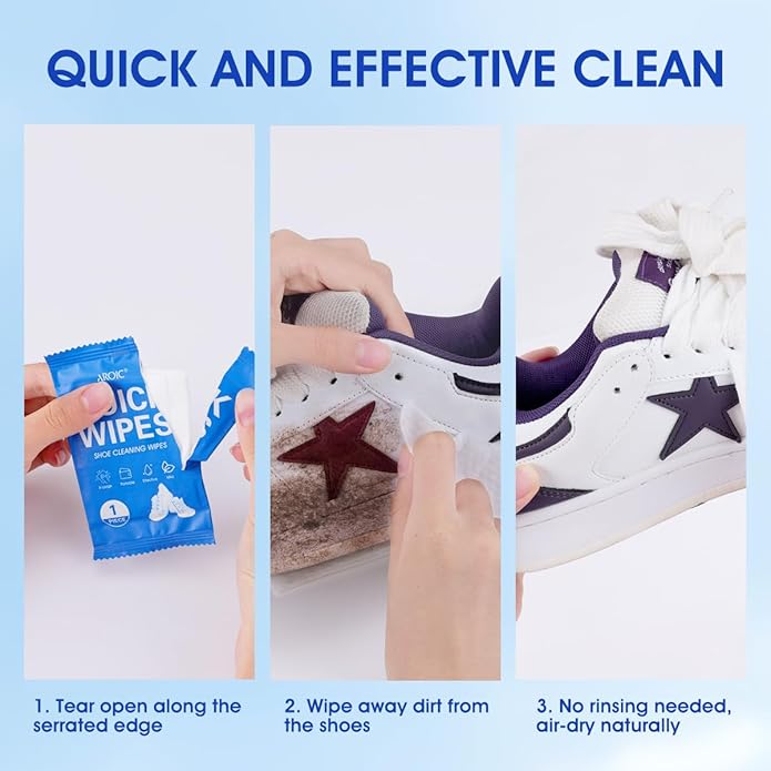 AROIC 50 Pack Shoe Cleaner Wipes, Sneaker Quick Wipes Heavy Duty Stain Removal for Leather, Febric, Canvas & Mesh, Travel Portable Single-Use Cleaning Wet Wipe, Essential Shoe Cleaning Supplies