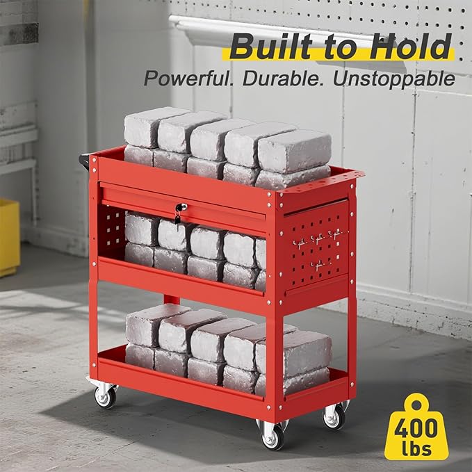 3-Tier Rolling Tool Cart with Drawers, Heavy Duty Utility Storage Cart with pegboard, Lockable Metal Tool Chest on Wheels for Garage, Warehouse & Repair Shop