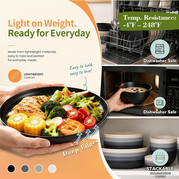 Kitchen Plates and Bowls Sets 40PCS, Wheat Straw Dinnerware Sets