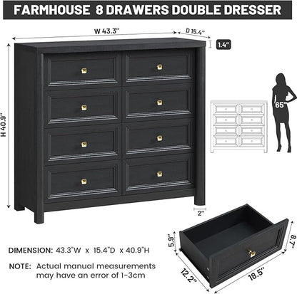 Farmhouse Dresser for Bedroom, 41" Tall Black Dresser with 8 Drawers, Soide Rustic Wood Vintage Dressers Chest of Drawers for Bedroom, Living Room, Hallway