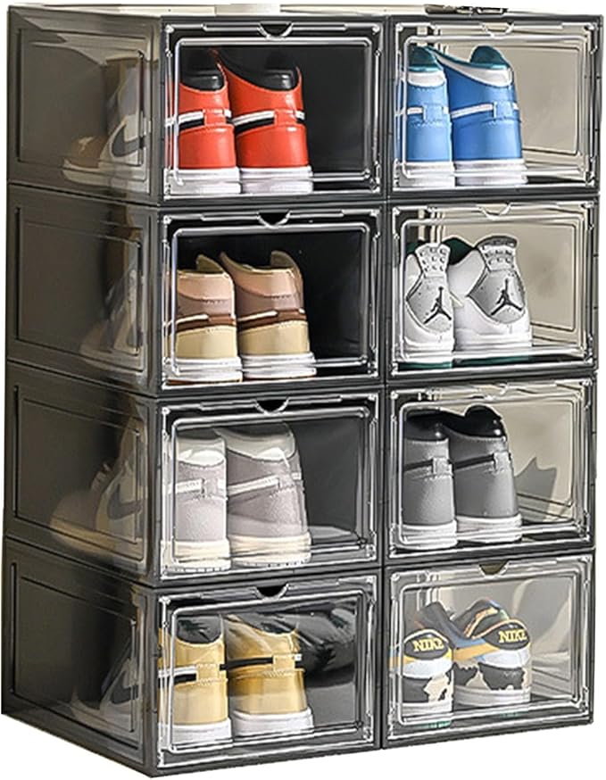 XXL Drop Front Shoe Storage Box Stackable, 8 Pack Shoe Display Case Fit US 15,Sneaker Storage Shoe Containers with Magnetic Door（8 PACK BLACK