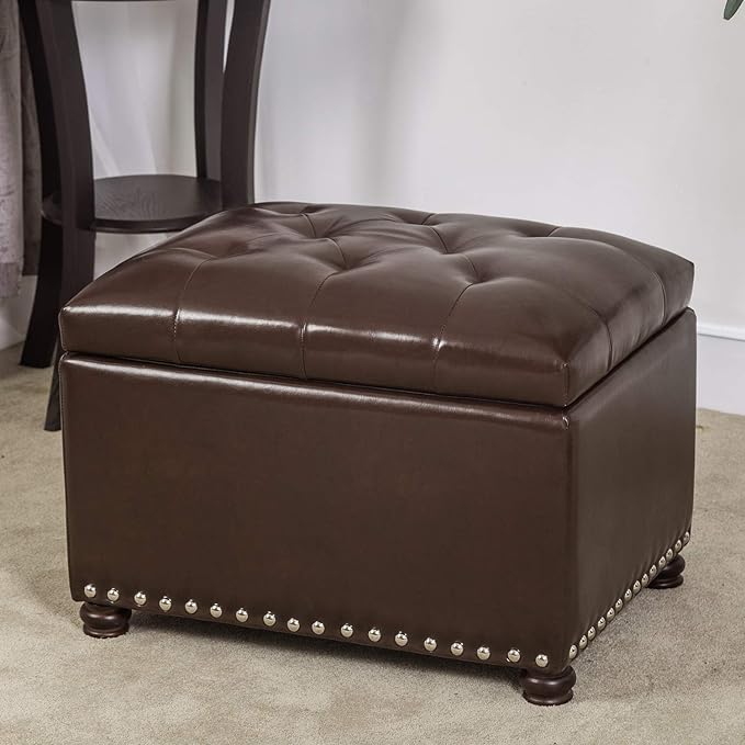 24'' Leather Storage Ottoman Rectangular Foot Rest Stool with Nailhead Trim for Bedroom Living Room(Dark Brown)