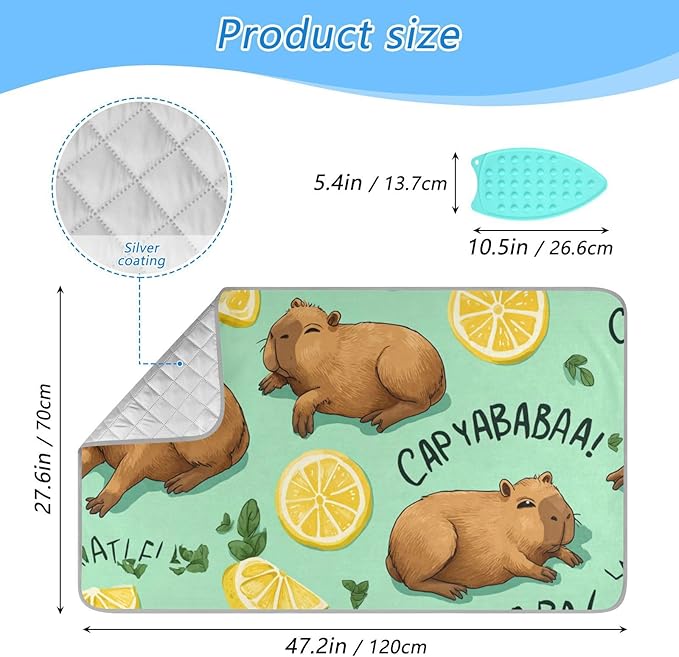 Mint Green Capybara Lemon Ironing Mat for Table top Portable Ironing Pad Blanket for Washer Dryer Countertop Travel