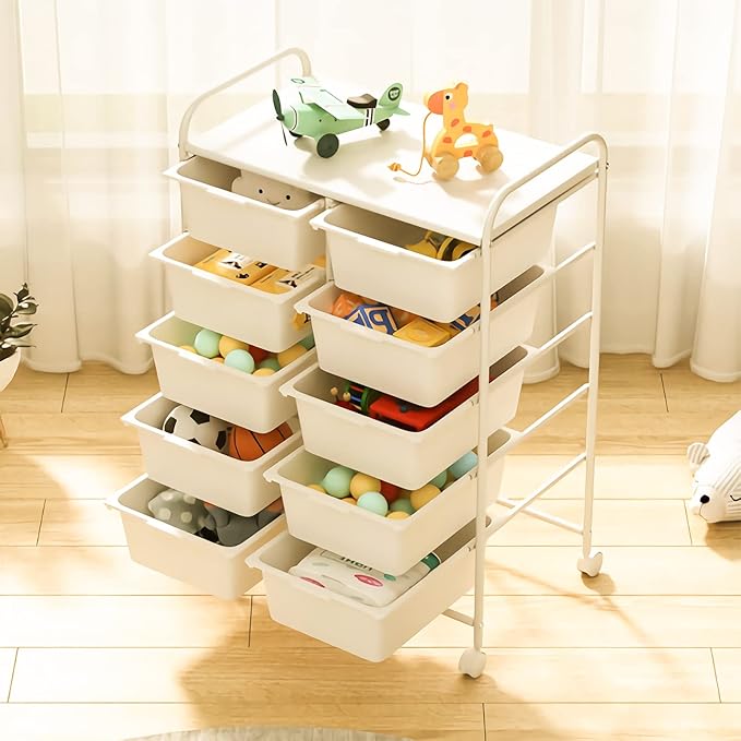 Rolling Cart with 10 Drawers, Plastic Drawer Cart with Metal Frame, Multipurpose Art Craft Cart Organizer with Wheels, Utility Cart with Drawers for Home, Office, School, White