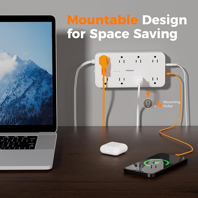 Power Strip with Surge Protection, TESSAN Flat Plug Extension Cord with 8 Outlets 3 USB Ports(1 USB C), 1080 Joules, 6 Ft, Wall-Mounted Charging Station for Apartment Office Dorm Room Essentials