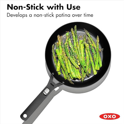 OXO Outdoor Pre-Seasoned Carbon Steel 10" Frying Pan Skillet, Detachable Handle for Easy Storage, Indoor Use, Nonstick with Use, Induction Suitable,Oven & Broiler Safe,Browning, Grill,Sear,Saute,Black