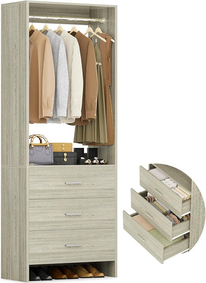 Aheaplus 2FT Closet System with 3 Drawers, 24’’ Closets Organizer, Wood Closet Organizer System, Walk-in Closets or Small Wardrobe, Clothes Rack with Hanging Rods, White Oak