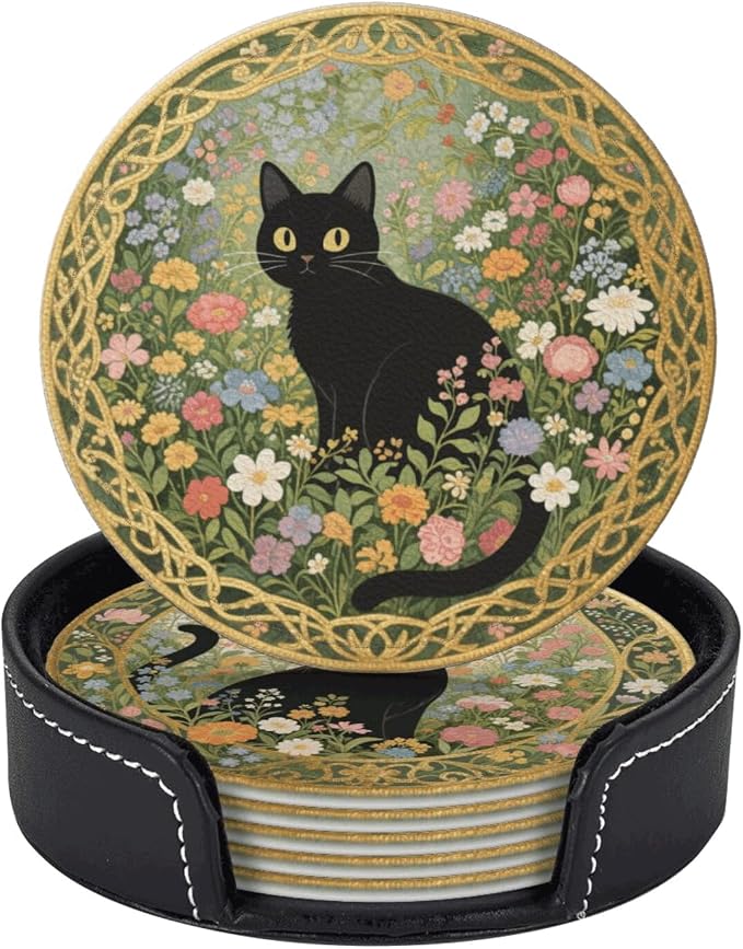6 Pcs Black Cat Flower Drink Coasters