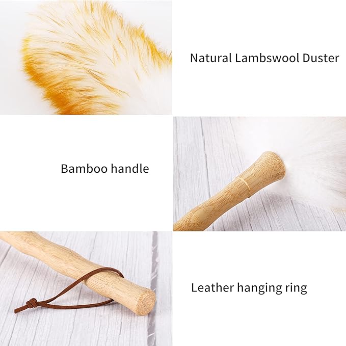 Lambs Wool Duster with Solid Bamboo Handle,Leather Hang Strap,18.9 inch Long,Natural Feather Duster for Cleaning Ceiling Fans,Window Blinds,Computer Screens,Bookshelves etc