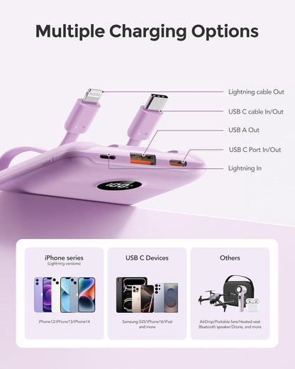 Mini Portable Charger with Built-in Cables 22.5W Fast Charging Power Bank USB-C Small Battery Pack 10000mAh Travel Essential Slim Battery for iPhone 16/15/14, Samsung 25/24, and More