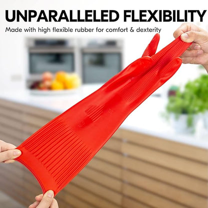 Vgo... 1-Pair Dishwashing Gloves, Reusable Household Gloves, Long Sleeve, Thick Latex, Cleaning, Washing, Working, Painting, Gardening, Pet Care (Size L, Red, RB2143)