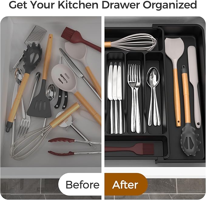 Extra Large Expandable Silverware Organizer, BPA-Free Food-Safe Cutlery Flatware Organizer, Kitchen Utensil Drawer Organizer, Adjustable Silverware Holder for Spoons Forks Knives, Black