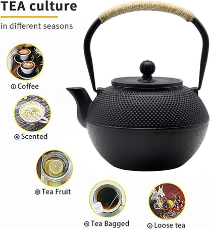 YJX 40.6oz Cast Iron Teapot Set with Warmer, Japanese Tea Set for Stovetop, 1200ml Black Tea Pot and Tea Cups Set, Tea Kettle with Infuser for Loose Leaves, Enameled Asian Teapot Sets for Adults
