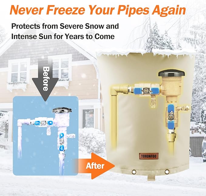 Backflow Preventer Pipe Insulation Cover (5°F) - Irrigation Sprinkler Valve Insulated Pouch - Water Well Pump Cover - Sturdy 5 Layers for Winter Freeze Protection, 10" W x 14" H, Beige