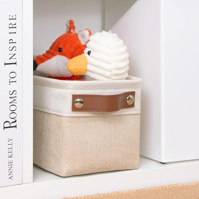 DULLEMELO Fabric Bathroom Storage Bin with Leather Handles, Narrow Organizer for Towels, Toilet Paper Rolls, Storage Basket for Back of Toilet, Vanities, Shelves & Cabinets (White&Khaki)