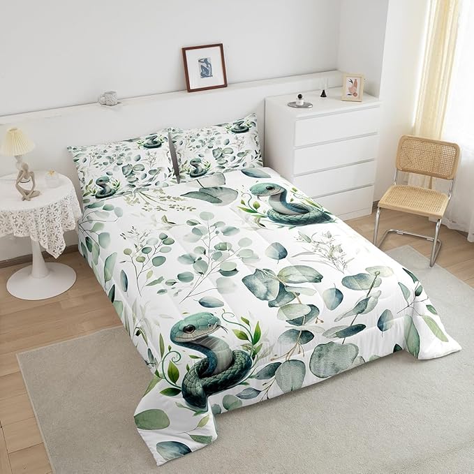 Erosebridal Cute Snake Toddler Bedding Sets for Kids Child Green Eucalyptus Comforter Set, Wild Animal Bedding Comforter Sets Botanical Plant Leaves Duvet Insert, Cartoon Wildlife Down Comforter